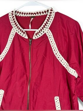 Free People Medium Baseball Bomber Jacket Red With Ivory Crochet Trim  $148